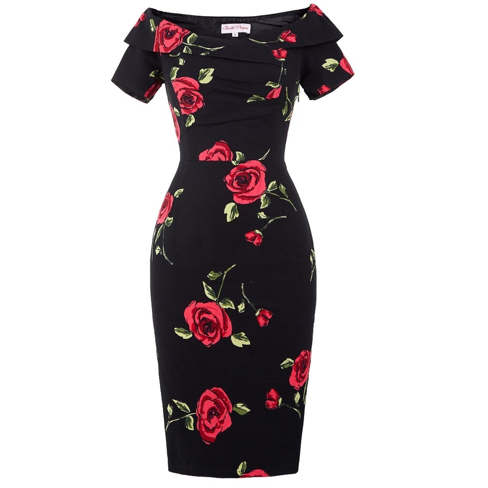 Off Shoulder 1950s Vintage Short Sleeve Dress